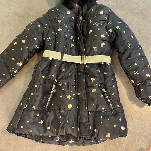 Betsey Johnson Black Gold Star Puffer Parka Jacket Girls 7 outerwear winter - Picture 2 of 6